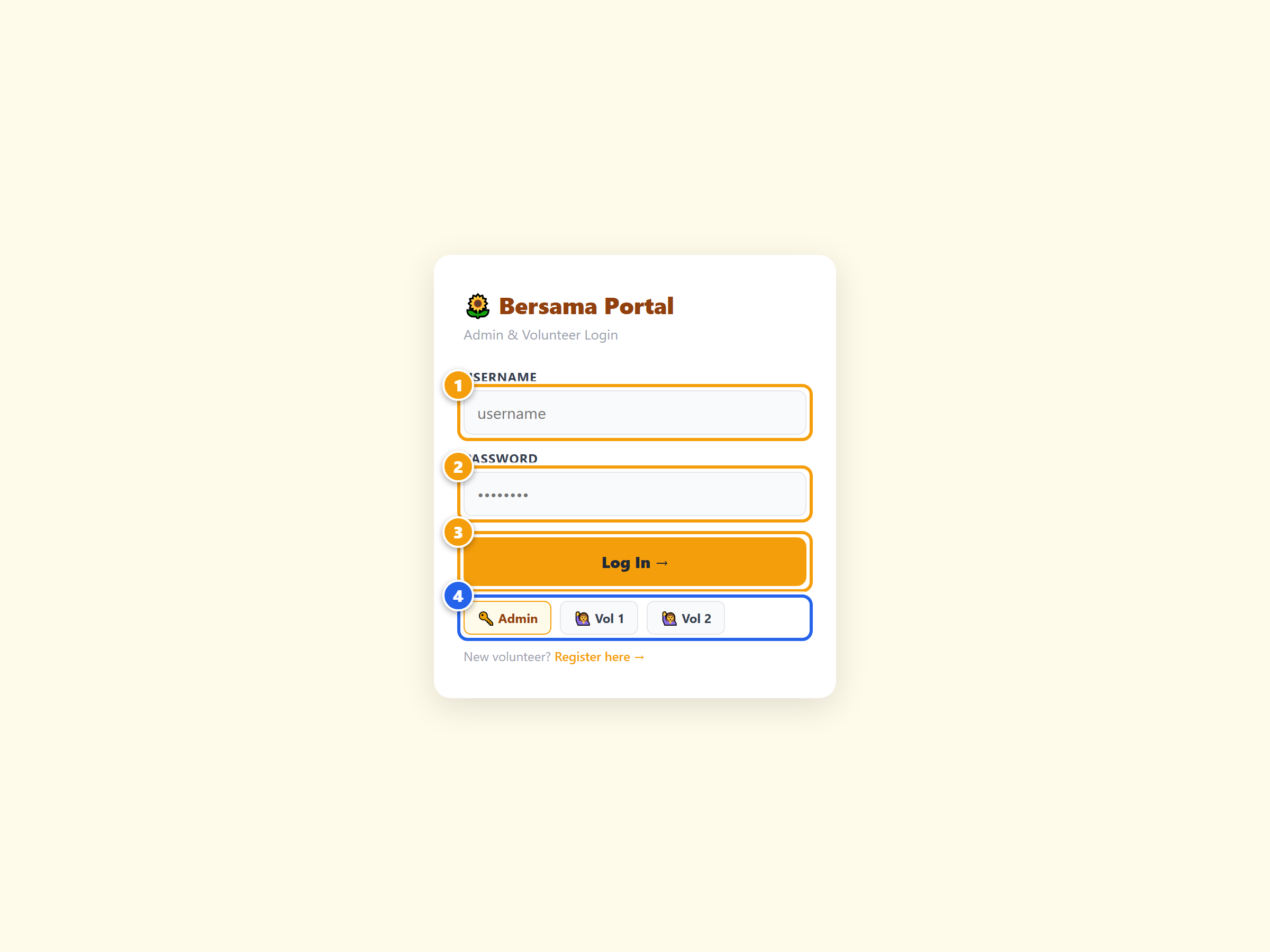 Admin portal login page with quick-login buttons