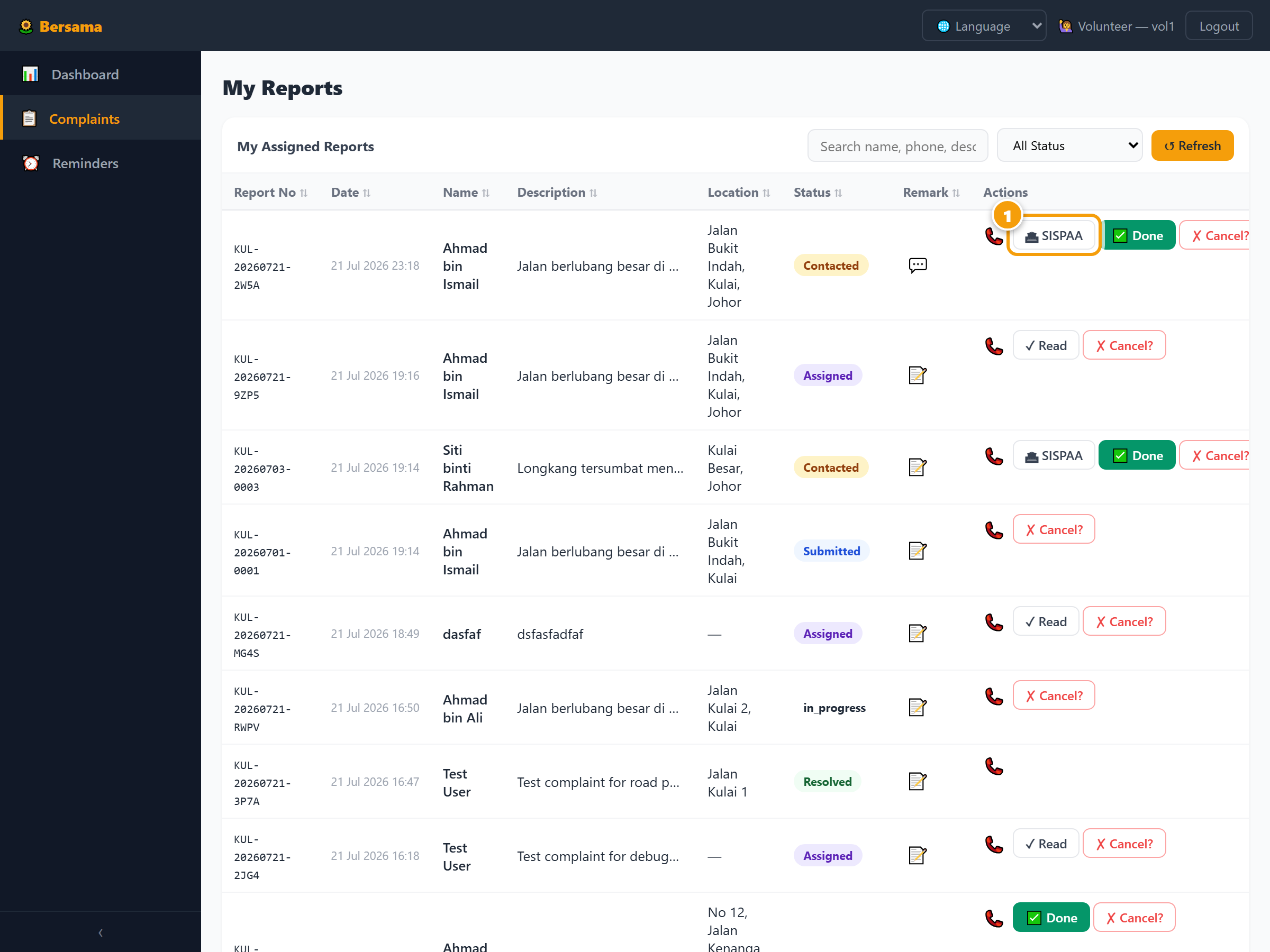 Volunteer view showing assigned complaints with action buttons
